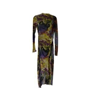 LAPOINTE Multicolor Abstract Print Long Sleeve Ruched Mesh Maxi Dress M